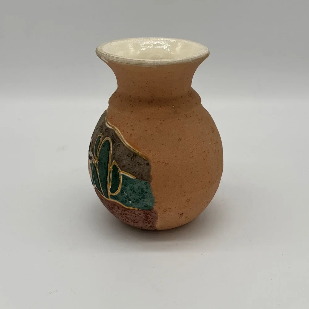 Vintage ACEVLOZA Mexican Pottery Vase Hand Painted Siesta Cactus Gold Trim 5x4